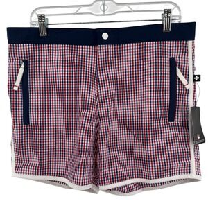 Andrew Christian Mens Gingham Swim Trunks Red White Blue Plaid Shorts Sz 32 NWT